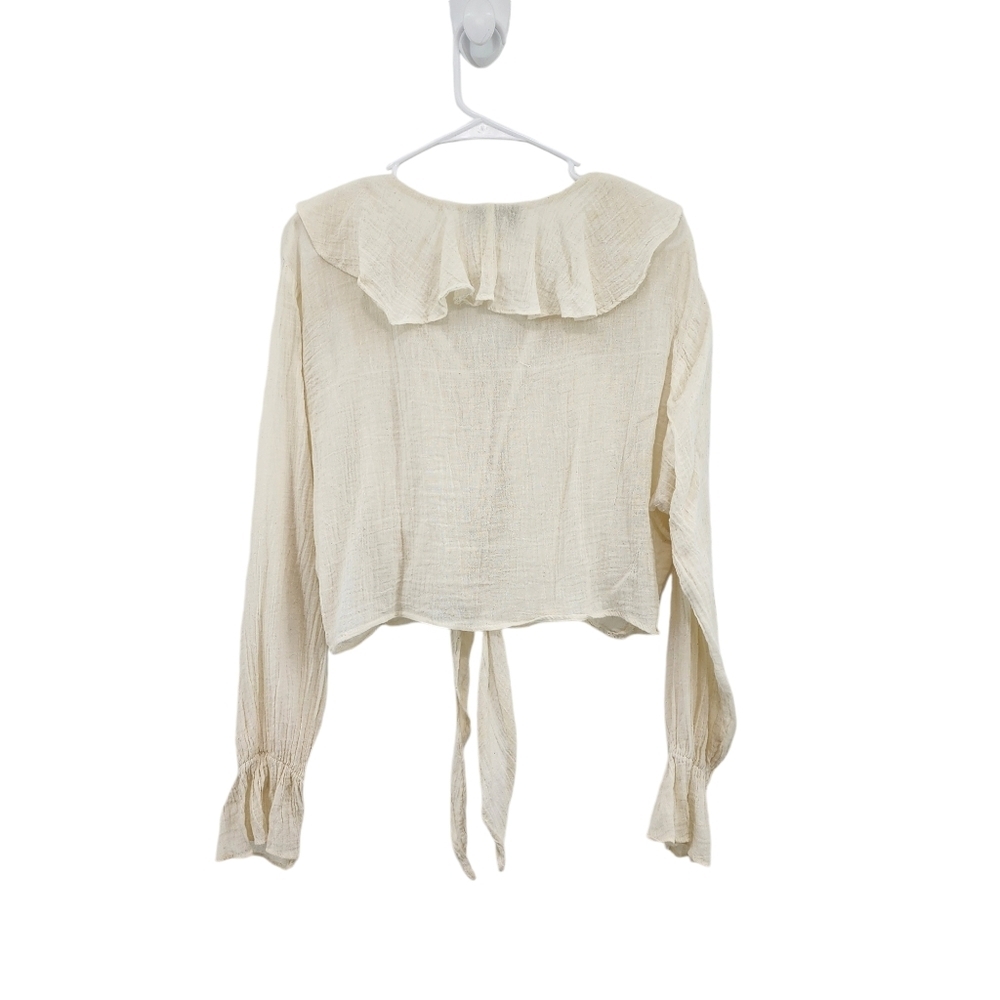 Cream Ruffle Tie-Front Crop Top - Picture 6 of 7